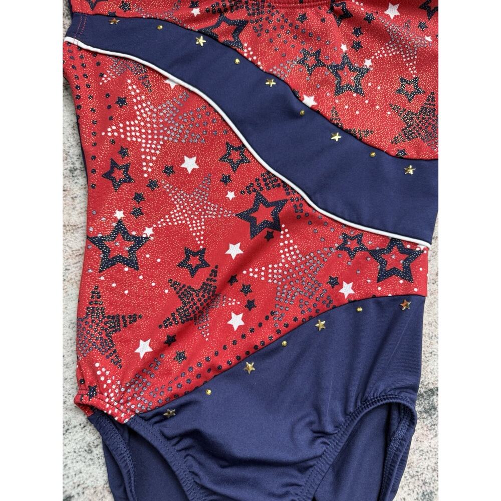 girls sz 8/10 patriotic/American red white & blue leotard with gold stars - Picture 2 of 4
